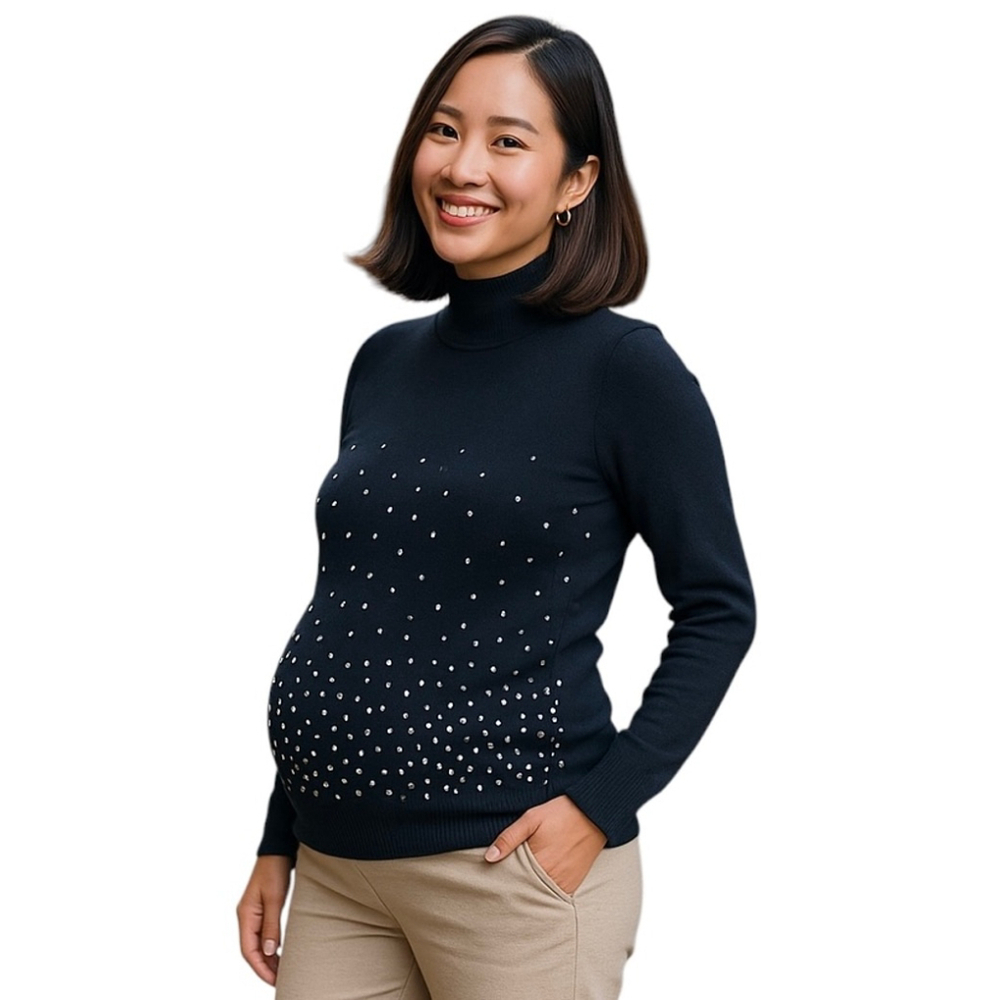 TOPSHOP Maternity Graduated Pearl Embellished Black Knit Mock Neck Sweater SZ 8